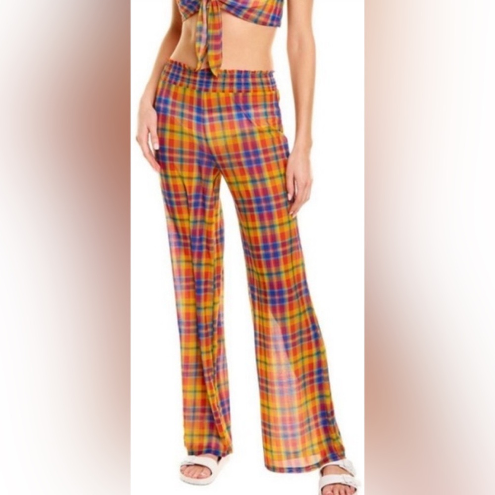 WeWoreWhat smocked rainbow plaid mesh pants